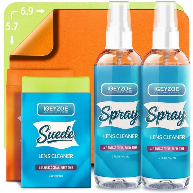 Eyeglass Lens Cleaner Spray Kit - (2x2oz) Glasses Cleaner Bottle + (4X) Microfiber Cloth 6.9"×5.7", Alcohol Free Eyeglasses, Screen, and Camera Cleaning Kit (Tangerine+Apple Green, 6 Piece Set)