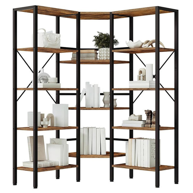 HOOBRO Industrial Corner Bookshelf, 5-Tier L-Shaped Bookcase, Open Display Storage Rack, Floor Standing Storage Shelf, for Living Room, Bedroom, Home Office, Rustic Brown and Black BF68SJ01