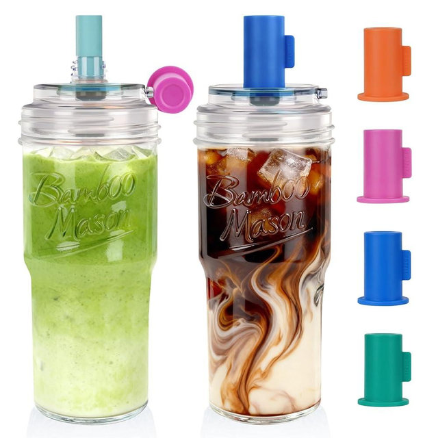 ANOTION 2pc Glass Tumbler with Lids and Straws, Leakproof 24oz Mason Jar Cups, Leak-Proof Cap, Self-Assembly Silicone Straw, Reusable Iced Coffee Smoothie Matcha Cup Aesthetic Coffee Gifts Women