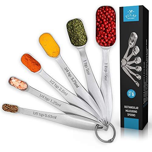 Heavy Duty Stainless Steel Measuring Spoons with Slim Design for Narrow Spice Jars, 6 Piece Measuring Spoons Stainless Steel with Etched Markings & Removable Clasp, Teaspoon Measuring Spoon, By Zulay