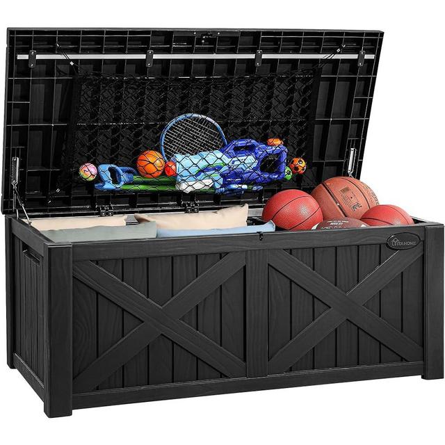 YITAHOME 120 Gallon Large Deck Box w/Flexible Divider & Storage Net, Resin Outdoor Storage Boxes, Waterproof Cushion Storage Bench for Patio, Pool Supplies, Garden Tools - Lockable, Black