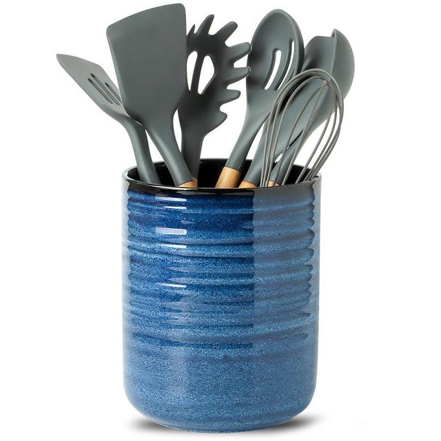 Hasense Kitchen Utensil Holder, 7.4" x 6.2" Ceramic Utensil Holder for Countertop, Stable Cooking Utensil Organizer Crock for Spatula, Modern Kitchen Decor for Christmas, Blue