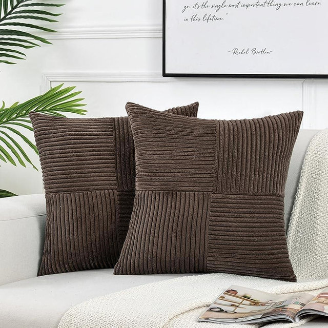 Fancy Homi 2 Packs Dark Brown Decorative Throw Pillow Covers 22x22 Inch for Living Room Couch Bed Sofa, Rustic Farmhouse Boho Home Decor, Soft Corss Corduroy Patchwork Accent Cushion Case 55x55 cm