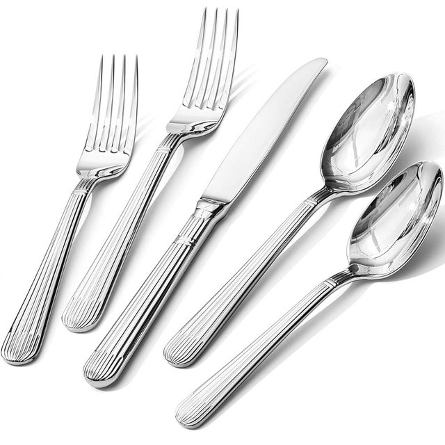KINGSTONE 40-Piece Silverware Set, 18/10 Stainless Steel Flatware Set - Luxury Elegant Striped Cutlery with Dishwasher Safe, Durable for Family Dining, Catering, Weddings, Anniversaries Gift