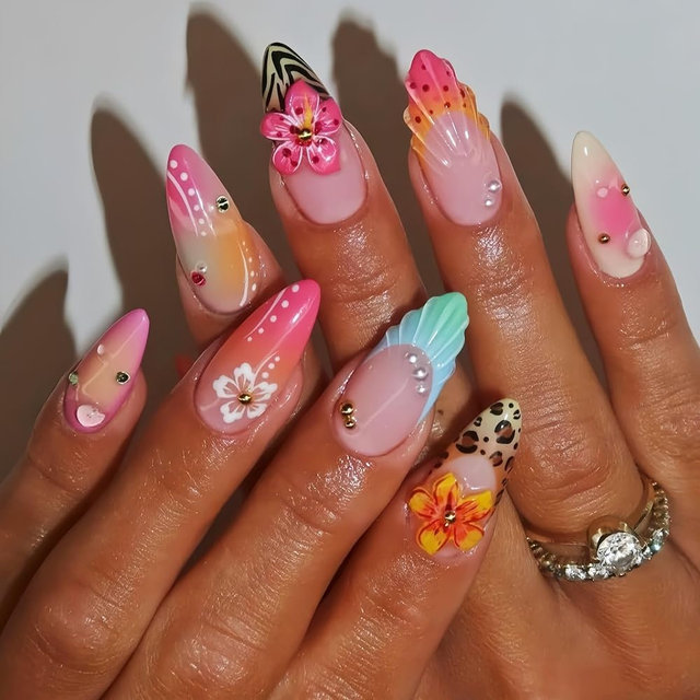 3D Flower Summer Press on Nails Medium Almond French Tip Fake Nails Floral Hibiscus with Gold Beads Design Colorful Gradient Beach Vacation False Nails Glue on Nails for Women Acrylic Manicure 24Pcs
