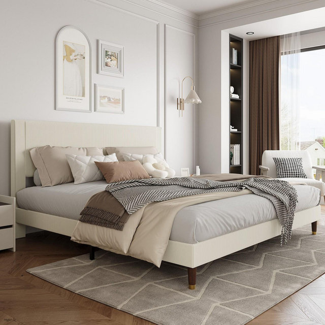 Coucheta King Bed Frame with Upholstered Headboard, Beige Corduroy Upholstered Platform Bed, Wooden Slats, No Box Spring Needed, Noise Free
