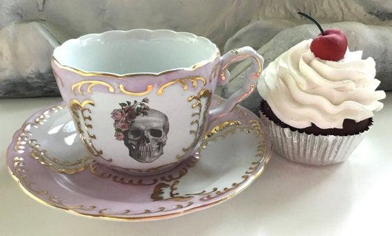 8-ounce Pink or Green & Gold Rose Skull Teacup and Saucer Set, Tea Set Available, Goth Teacup, Skull Cup, Skull Mug, Skull Plate