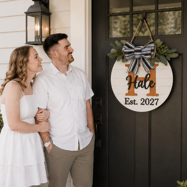Wood front door sign Wood sign Home decor Welcome sign Sign for front door House warming gift Wedding gift (Last name-DS015(A1) S007, 22" Width)