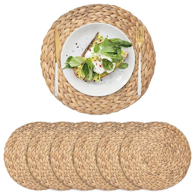 6 Pack Woven Placemats, Round Wicker Placemats, Rattan Place mats, Natural Hand-Woven Water Hyacinth Table Mats, Braided Straw Table Mats for Dining Table (11.8 inch)