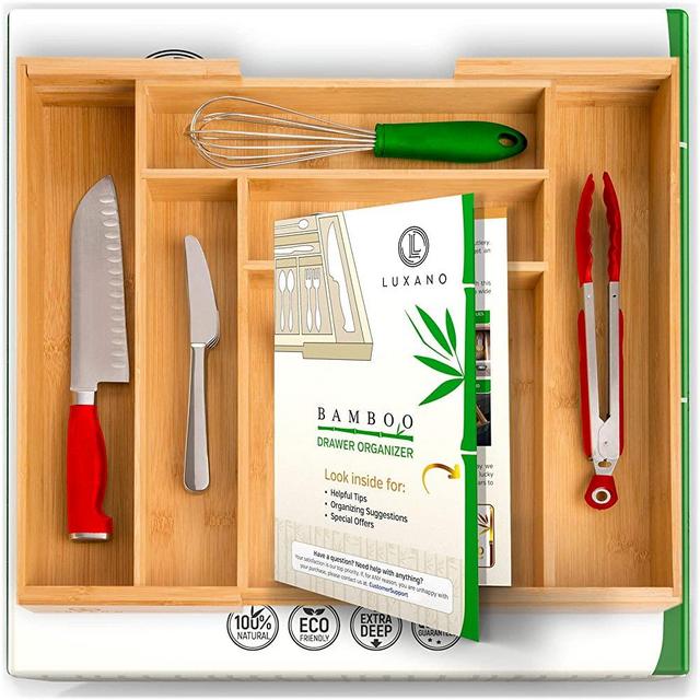 Large Silverware Organizer Cutlery Tray in Gift Box. Bamboo Drawer Organizer for Cutlery and Flatware Tray for Drawer. Extra Deep Silverware Organizers with Locking Expandable Flatware Trays. (No MDF)
