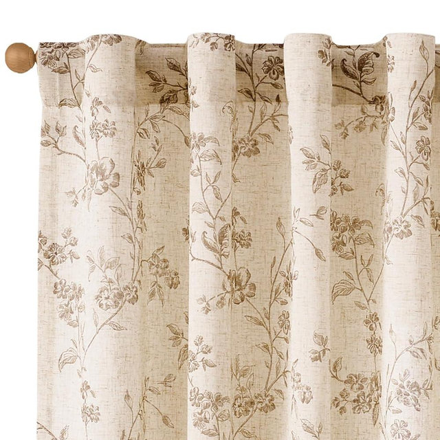 Lazzzy Taupe Floral Linen Curtains 84 Inch Farmhouse Back Tab Drapes for Living Room Bedroom Light Filtering Vintage Grandmillennial Rod Pocket Curtains, 2 Panels, W38 x L84, Taupe on Beige