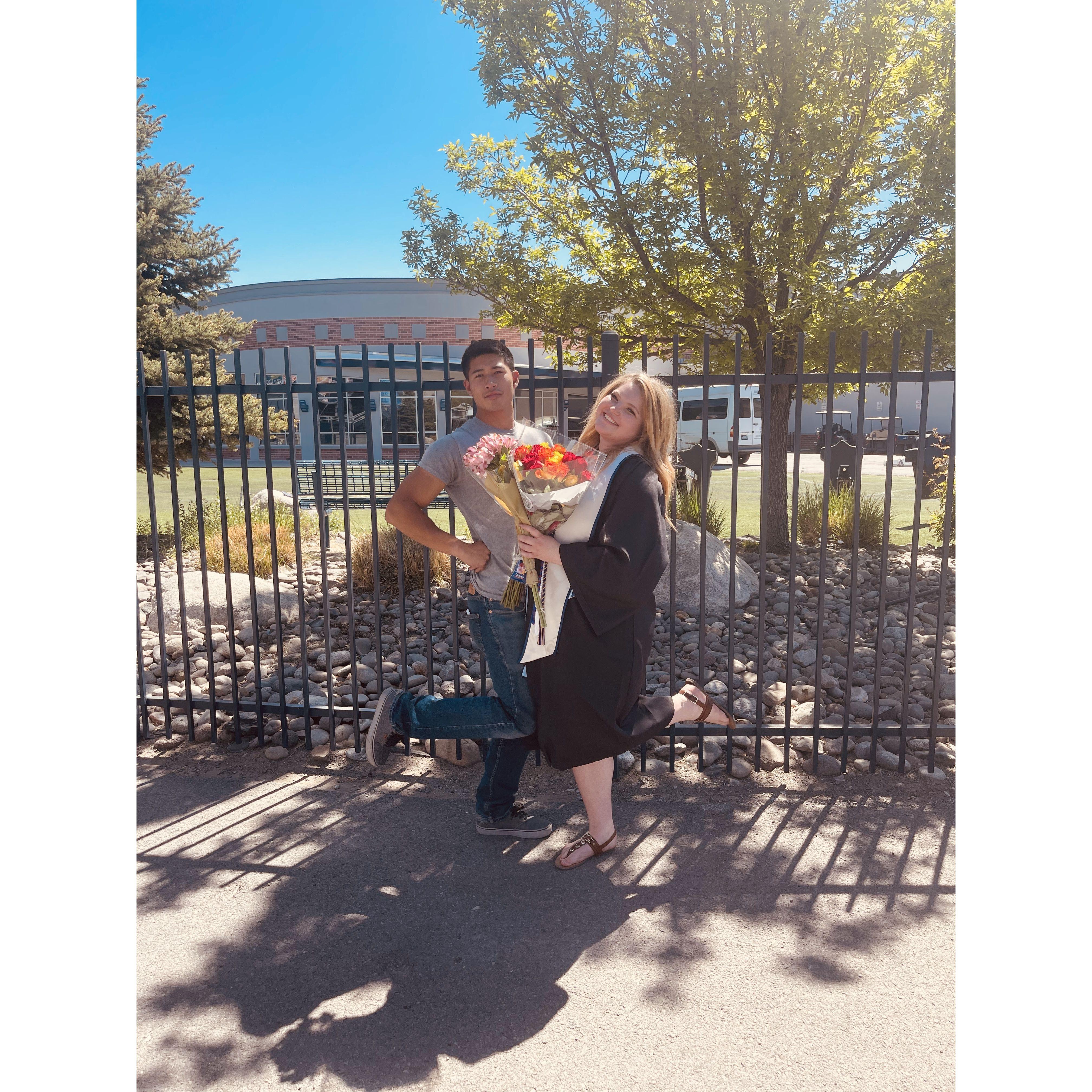 Natashja's graduation from the University of Nevada, Reno (the ceremony was a year late because of COVID). Rjhun was so impressed, he wanted to be JUST like her -- leg pop included.
