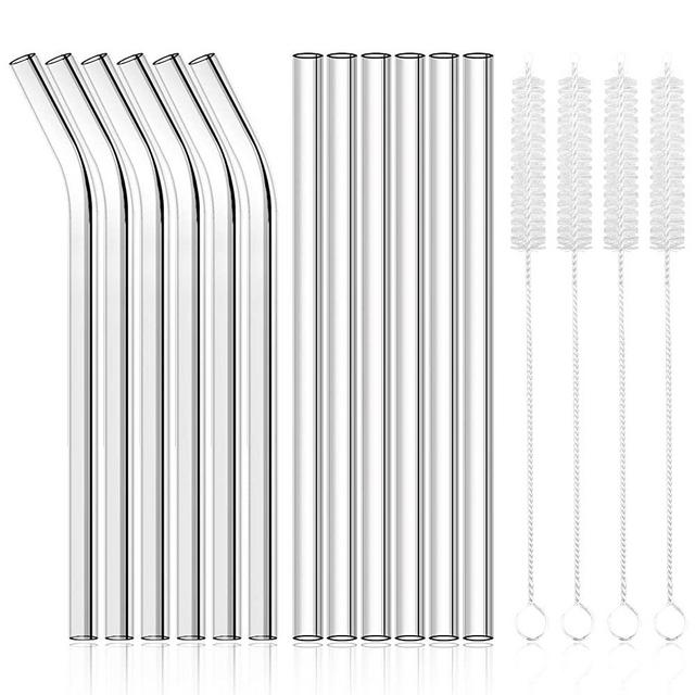 AKONEGE 12 Pack Glass Straw Reusable Clear Drinking Straws, 8.5'' x 10mm, 6 Straight and 6 Bent with 4 Straw Cleaner Brush for Cocktail, Smoothies, Coffee, Juice