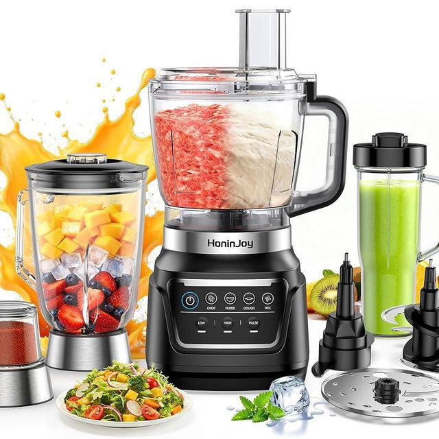 HoninJoy All-in-One Blender & Food Processor, 10-in-1 Professional Blender for Smoothies, Ice Crushing, Dough Making, Chopping, Grinding, Slicing & Shredding, Dishwasher Safe for Kitchen & Home Use