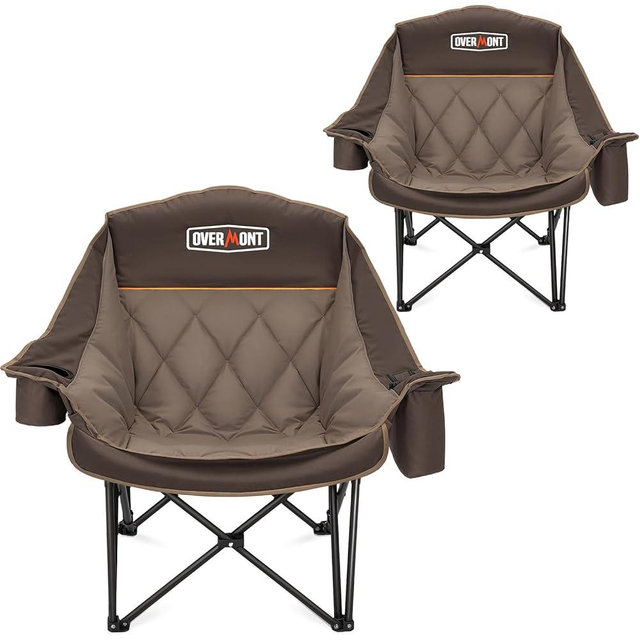 Overmont Oversized XL Camping Chair for Adults - 500lbs Support Heavy-Duty Padded Folding Chair with Side Pocket Cup Holder Cooling Bag for Outdoor Sports Garden Beach Fishing Lawn Khaki 2pcs