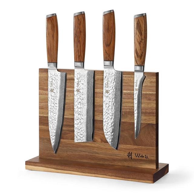 Wakoli Knife Block Sets, 4 Pieces Chef Knife Set with Block - Damascus Kitchen Knife Set with Magnetic Knife Block, Professional Kitchen Knife Block Set with Zebrawood Handles (Chef's Choice)