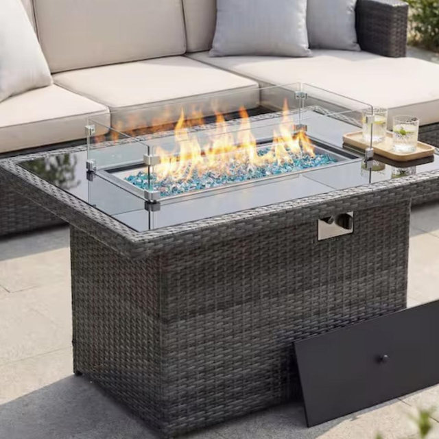 43 in. Rectangular Wicker Patio Gas Fire Pit Table with Glass Top, 60,000 BTU, Propane Ready, NG Convertible, Gray HD-SF-DG-GRT-0023GR
