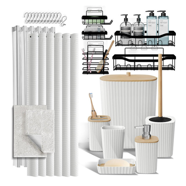 Bathroom Accessories Set with Shower Caddy and Bath Rugs - 27PC Bathroom Accessory Set with Shower Caddies & White Bath Rugs, Shower Curtain Set