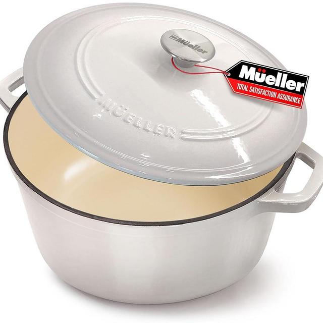 MÜELLERHOME 4.5 QT Enameled Cast Iron Dutch Oven, Heavy-Duty Casserole Dish and Braiser Pan with Lid and Stainless Knob, Oven-Safe up to 500° F & Across All Cooktops, Oyster White