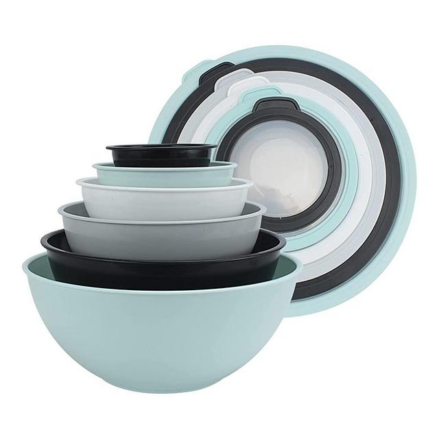 COOK WITH COLOR Mixing Bowls with TPR Lids - 12 Piece Plastic Nesting Bowls Set includes 6 Prep Bowls and 6 Lids, Microwave Safe Mixing Bowl Set (Mint)