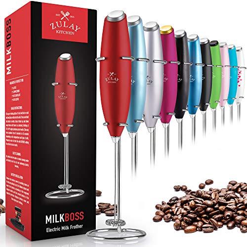 Zulay High Powered Milk Frother Handheld Foam Maker for Lattes with Stand - Great Electric Whisk Drink Mixer and Foam Frother for Bulletproof® Coffee, Mini Blender and Foamer Perfect for Cappuccino, Frappe, Matcha, Hot Chocolate, Almond Milk by Milk Boss - Ruby Red