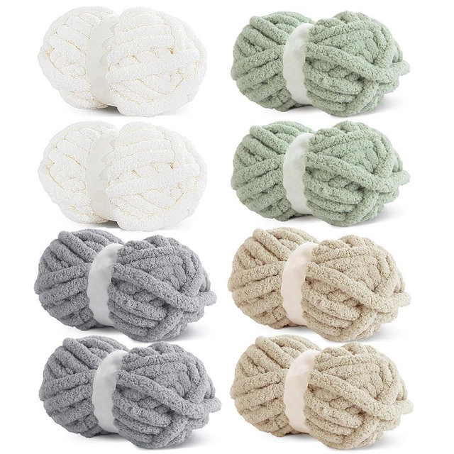 HOMBYS Chunky Chenille Yarn for Crocheting, Super Bulky Jumbo Yarn for Hand Knitting, 3/4" Thick Soft Yarn for Blankets, 8 Skein Pack (27 yds / 8 oz Each), Multi Assorted Cream Khaki Sage Grey