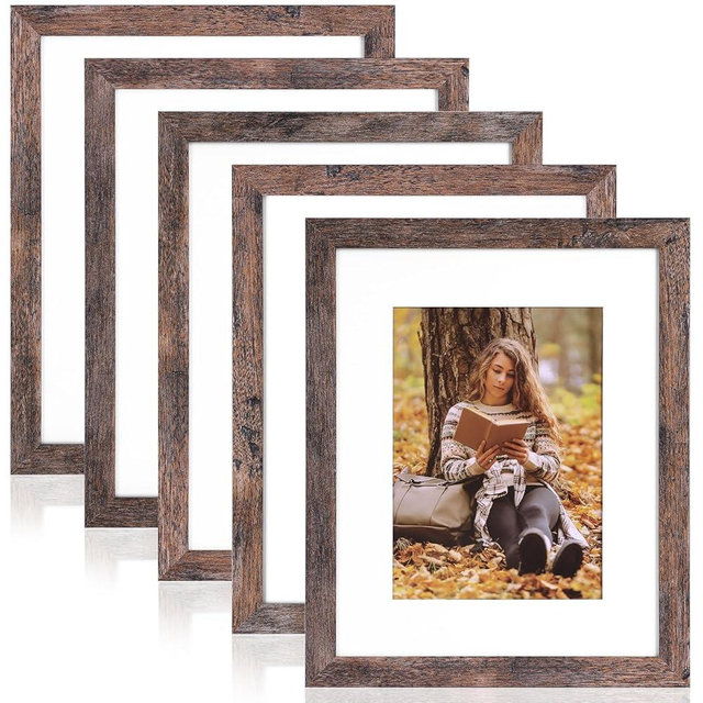 Fixwal 8x10 Picture Frames Set of 5, Rustic Brown Wood Grain with Tempered Real Glass, Vintage Photo Frames for Wall Decor Mounting and Tabletop Display