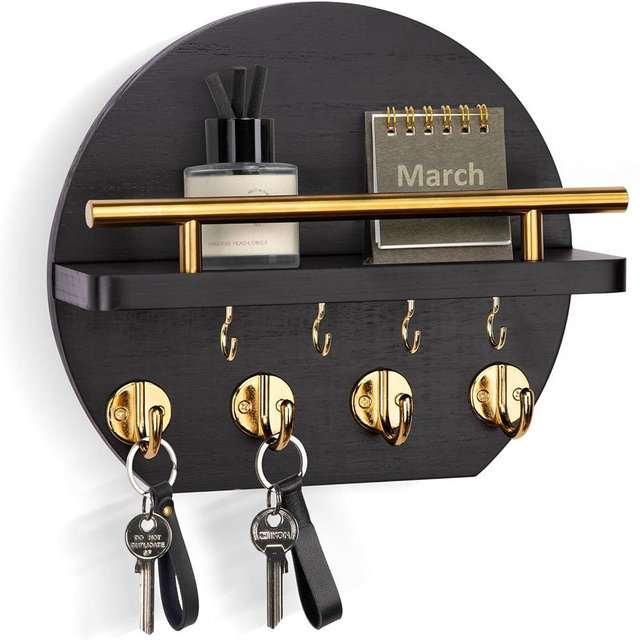 Nekon Key Holder for Wall - 9.8 Inch Apartment Wall Decor with Shelf and 8 Key Hooks, Circular Wood Key Hanger for Home Decor (Black with Golden Hooks)
