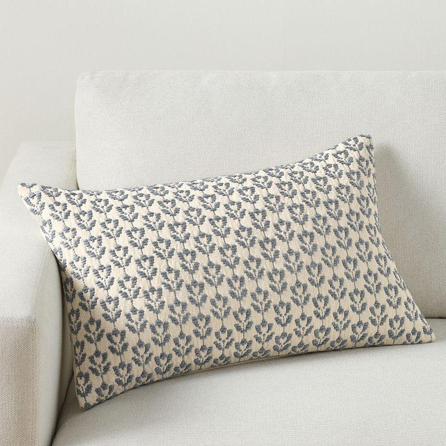 Redondo Jacquard Lumbar Pillow, 16x26 Inches, Ivory/Blue