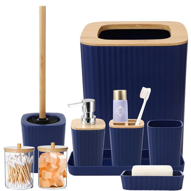 XLHOMO Bathroom Set - Navy Blue Bathroom Accessory Sets Complete with with Trash Can,Toothbrush Holder,Toothbrush Cup,Soap Dispenser,Tray,Soap Dish,Toilet Brush,Qtip Holders for Bathroom Home Decor