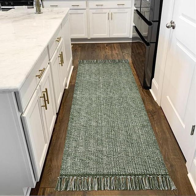 Collive Hallway Runner Rug, 2' x 6' Hand-Woven Reversible Washable Entryway Rug, Olive Green/Cream Cotton Modern Farmhouse Laundry Room Rug Long Carpet for Bathroom Sink Foyer Bedroom