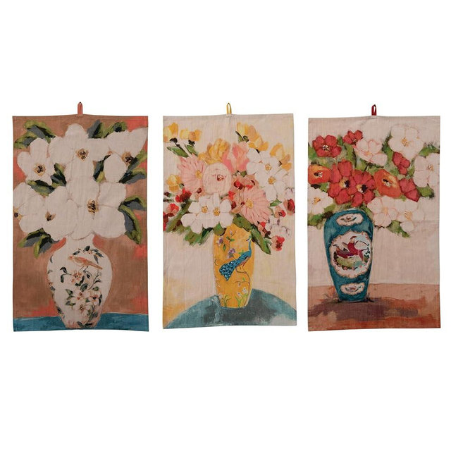 Creative Co-Op Cotton Chambray Printed Tea Towel with Flowers Vases, 28" L x 18" W x 0" H, Multicolor