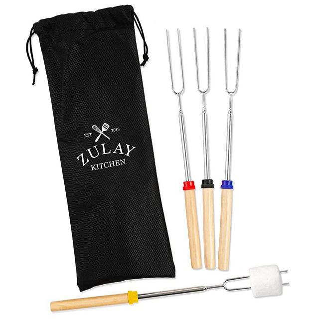 Zulay (4 Pack) Long 32 inch Marshmallow Roasting Sticks Extendable Design - Stainless Steel Smores Skewers for Camping, Bonfire, Fireplace - Extendable & Retractible Telescoping Marshmallow Sticks