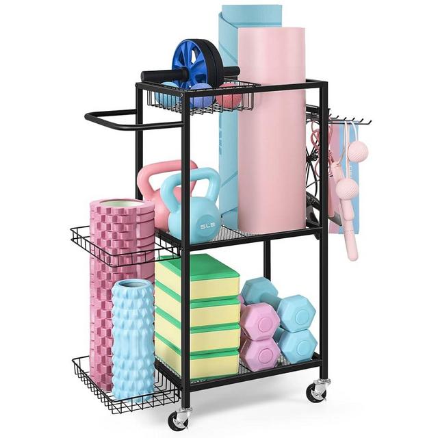 LIANTRAL Dumbbell Rack, Yoga Mat Storage Rack, Workout Equipment Storage Rack for Dumbbells Kettlebells Yoga Mat and Balls, Home Gym Storage Organizer with Hooks and Wheels