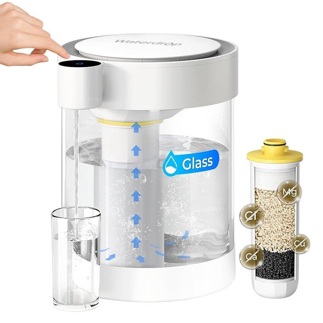 Waterdrop Glass Large 22-Cup Rechargeable Water Filter Dispenser, Reduce 70+ Contaminants, Instant Eco-Friendly Countertop Water Filter System, 5-Stage Soften Water Pitcher, with 1 Filter