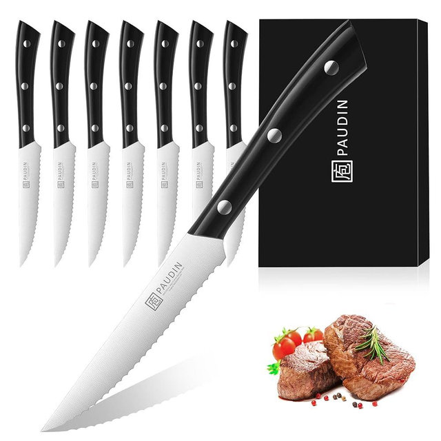 PAUDIN Kitchen Knife, Steak Knives Set of 8, Razor-Sharp Kitchen Knife Set 4.5 inch, High Carbon Stainless Steel Serrated Steak Set for Kitchen,Black Steak Knives