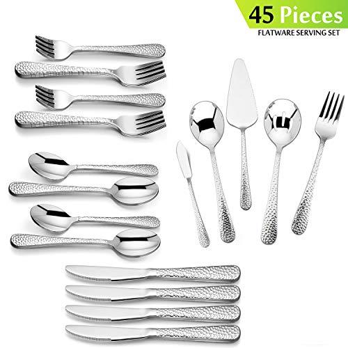 Hammered 45-Piece Silverware Serving Set, HaWare Stainless Steel Flatware Cutlery for 8, Elegant & Classic Design Tableware Set for Home/Hotel/Restaurant, Dishwasher Safe