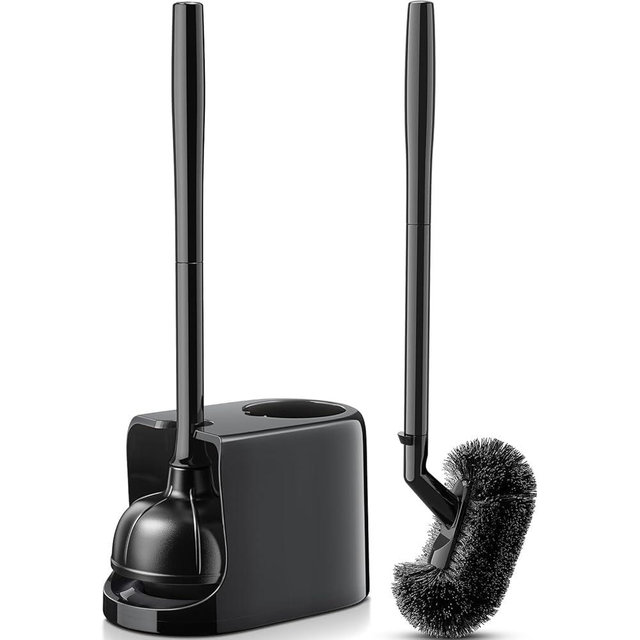 HAMITOR Toilet Plunger Bowl Brush Set: Curved Bristle with Holder for Deep Cleaning Under Rim - Heavy Duty Plunger Scrubber Combo with Ventilated Holder - Bathroom Accessories for Small Space - Black