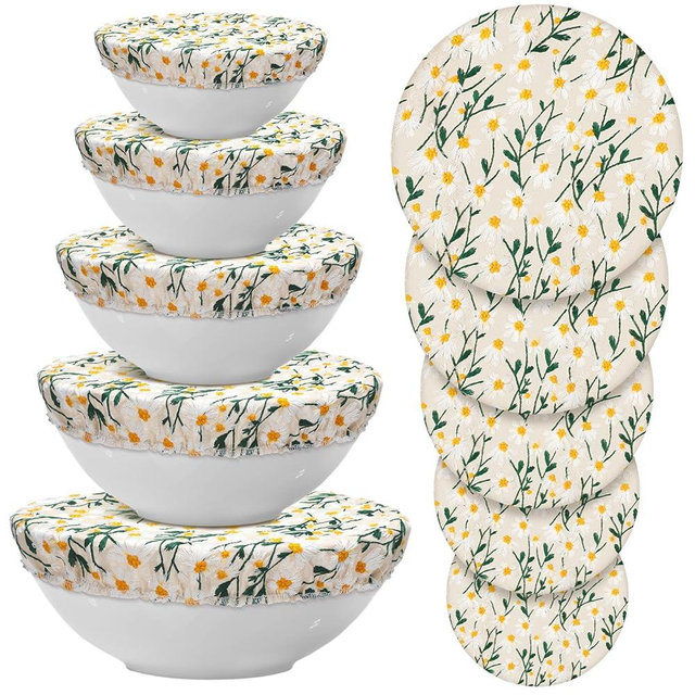 Patelai 10 Pcs Bowl Covers Reusable in 5 Size Stretch Cloth Fabric Elastic Food Storage Bowl Covers Bread Sourdough Lids for Proofing Food Fruits Leftover(Chrysanthemum)