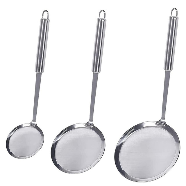 Newness Fine Mesh Skimmer Spoon, Professional 304 Stainless Steel Hot Pot Fat Strainer for Oil Filter Skimming Grease and Foam, Durable Multi-Functional Kitchen Cooking Mesh Food Strainer Ladle-3 Pack