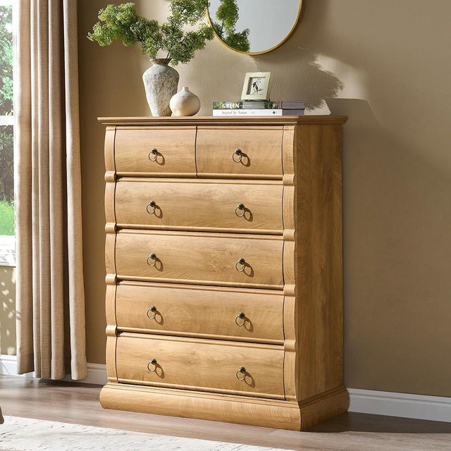 ACCOHOHO 6 Drawer Dresser for Bedroom, 41.5" Tall Vintage Chest of Drawers with Curved Fronts & Retro Ring Pulls, Wood Storage Closet Dresser for Living Room, Light Walnut