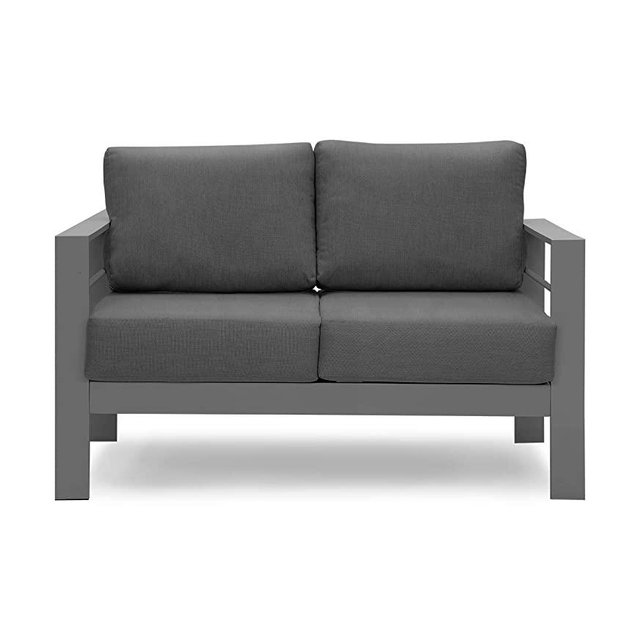 Solaste Furniture Metal Loveseat, All-Weather Contemporary Aluminum Outdoor Sofa Chair with Cushions, Dark Grey