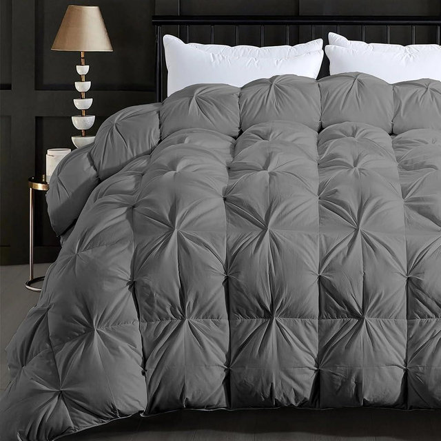ELNIDO QUEEN® Feather Down Comforter Queen Size Duvet Insert, Luxurious Fluffy Hotel Grey Pinch Pleat Bedding Comforter - Ultra Soft All Season 100% Cotton Shell, Queen 90x90 Inch