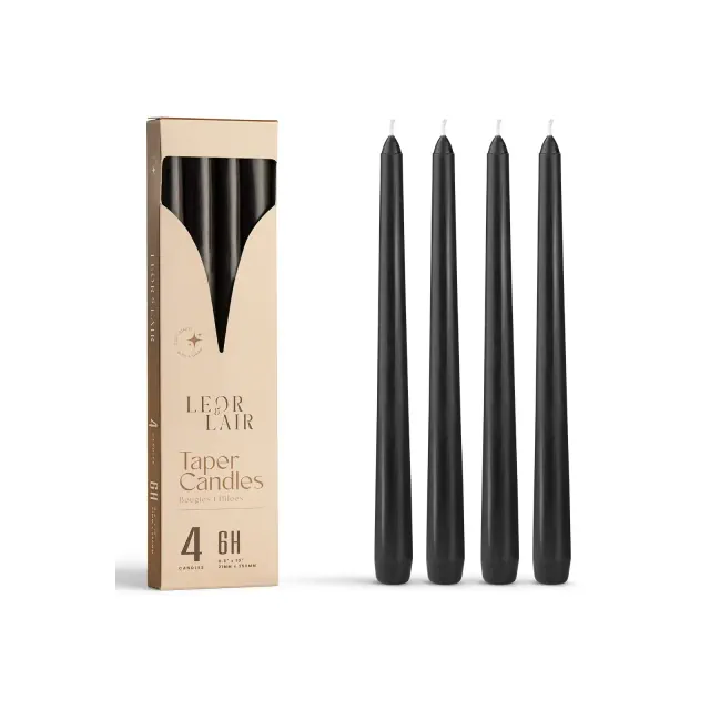 Leor & Lair Black Taper Candles - 4 Pack - 10" Tall Candlesticks for Dinner & Halloween Decor