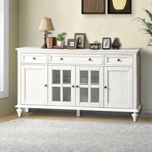 HULALA HOME Sideboard Storage Cabinet, Traditional 58'' Sideboard with 3 Drawers & 4 Doors, Console Cabinet with & Rhombic Alloy Handle(White)