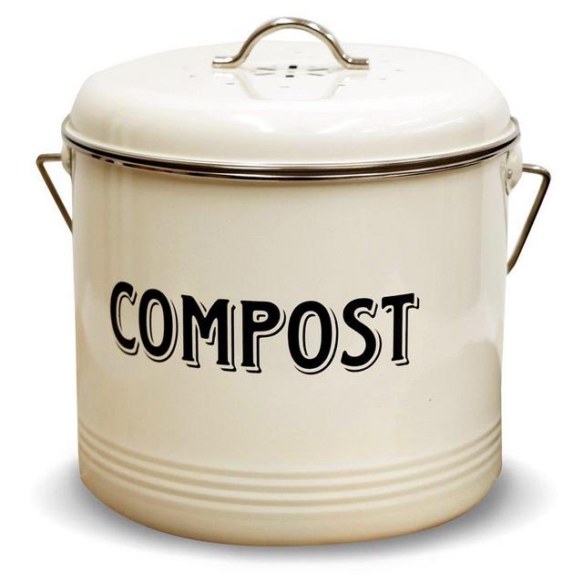 Compost Bin with 7 FREE Charcoal Filters by Silky Road | 1.3-Gallon / 5-Liter | Vintage Cream Powder-Coated Carbon Steel | Kitchen Pail with Lid, Trash Keeper Container Bucket, Recycling Caddy