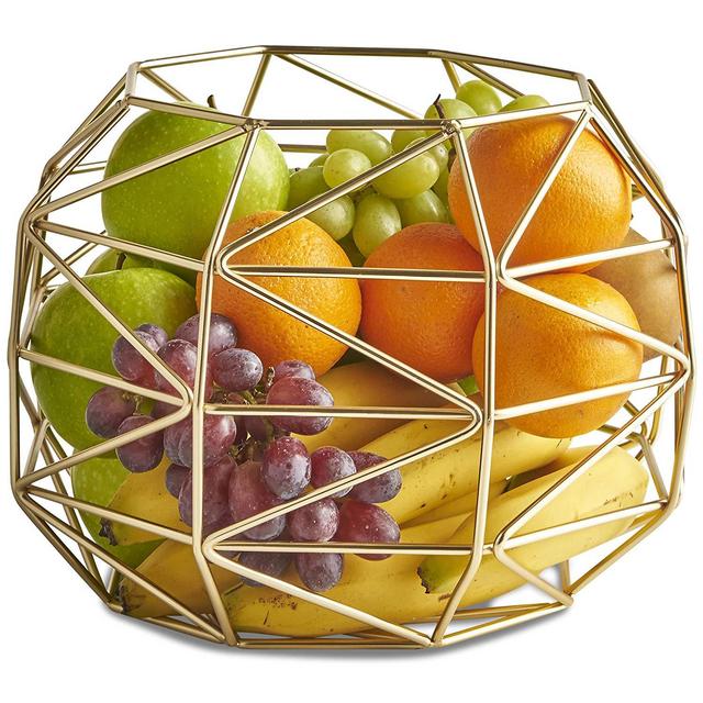 DOMU Brands LLC - VonShef Large Gold Geo Fruit Bowl for Kitchen Countertops, Stainless Steel Wire Frame Basket, FDA Approved For Food Use, 10 x 8 Inches