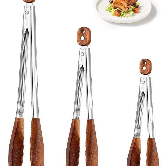 Wooden Tongs for Cooking Set of 3 (7",9",12") Natural Walnut Wooden kitchen Tongs for Grilling, Serving, BBQ and Tossing Salad etc | Ergonomic Stainless Steel Non-Slip Grip, Heat Resistant, Pull Lock