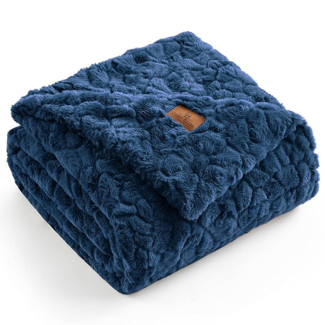 Cozy Bliss Faux Fur Throw Blanket for Couch, Fuzzy Soft Plush Thick Warm Fluffy Reversible Wave Textured Blanket for Sofa Bedroom Living Room, 55 * 70 Inches Navy Blue