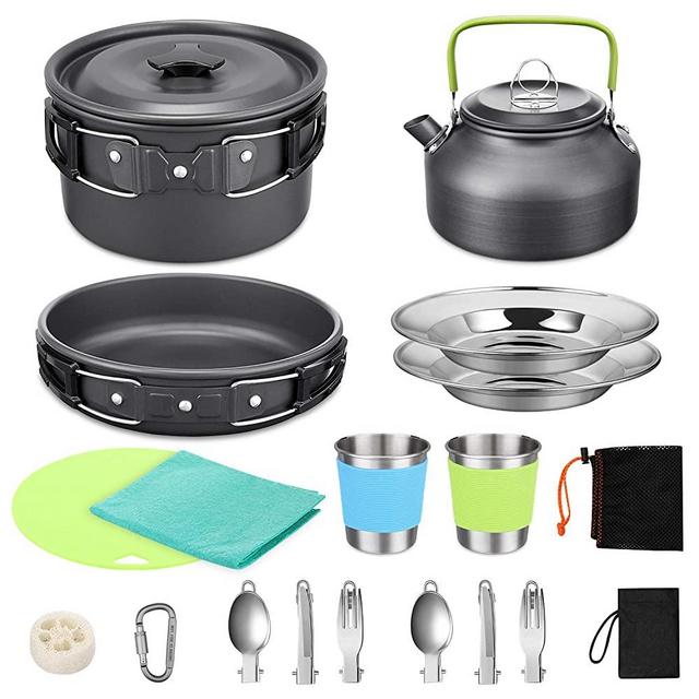 G4Free 18PCS Camping Cookware Mess Kit Non-Stick Pot and Pan Set with Kettle Stainless Steel Cups Plates Forks Knives Spoons Lightweight for Hiking Backpacking Cooking Picnic